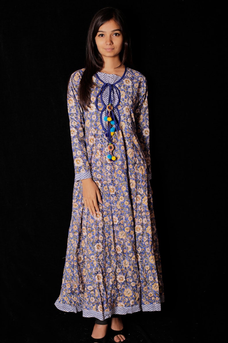 Hand Printed Dress Block Print Dress /& Tunics Indian Hand block Printed Long Gown Dress For Women Women White Cotton Long Gown