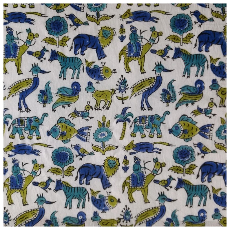 5 Yards Animal & Birds Block Print Fabric Design Pattern For Kids, Printed Cotton Fabric, Cotton Printed Fabric, Block Print Fabric image 2