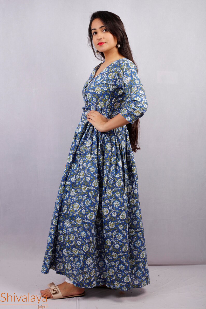 Hand Printed Dress Indian Tunics Indian Cotton Dress Hand Block Printed Dress Printed Dress Indian Cotton Long Gown Block Print Dress