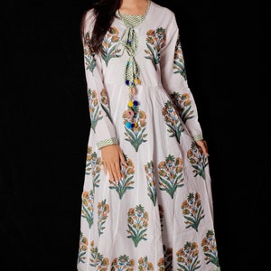 Indian Hand block Printed Long Gown Dress For Women, Block Print Dress & Tunics, Hand Printed Dress, Women White Cotton Long Gown