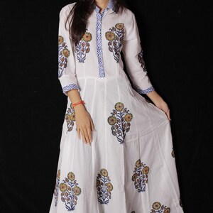 Indian Hand block Printed Long Gown Dress For Women, Block Print Dress & Tunics, Hand Printed Dress, Women White Cotton Long Gown