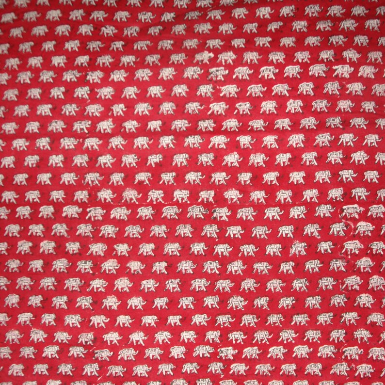 Red Elephant Print Fabric 5 Yards Indigo Block Printed Fabric Block Print Fabric Yellow Elephant Hand Printed Fabric Cotton Fabric