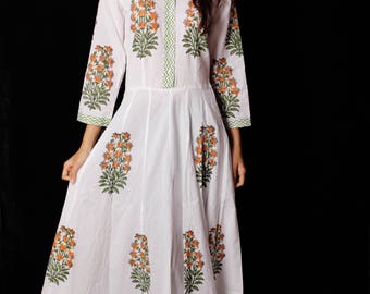 Indian Hand block Printed Long Gown Dress For Women, Block Print Dress & Tunics, Hand Printed Dress, Women White Cotton Long Gown