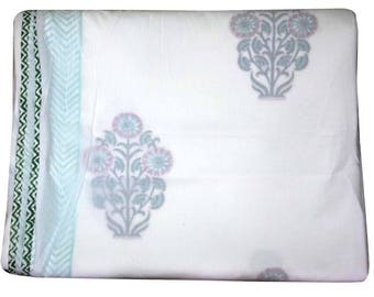 Handmade Indian Cotton Dohar Blanket, Floral Print Throw