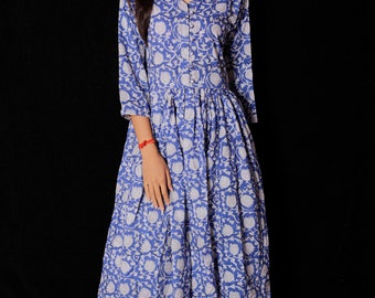 Indian Hand block Printed Long Gown Dress For Women, Block Print Dress & Tunics, Hand Printed Dress, Women White Cotton Long Gown