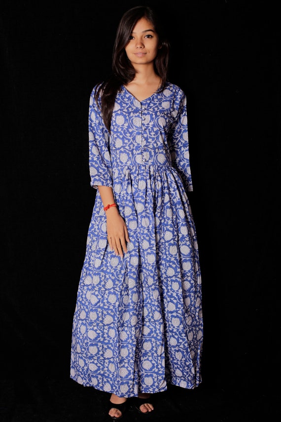 Hand Printed Dress Block Print Dress /& Tunics Indian Hand block Printed Long Gown Dress For Women Women White Cotton Long Gown