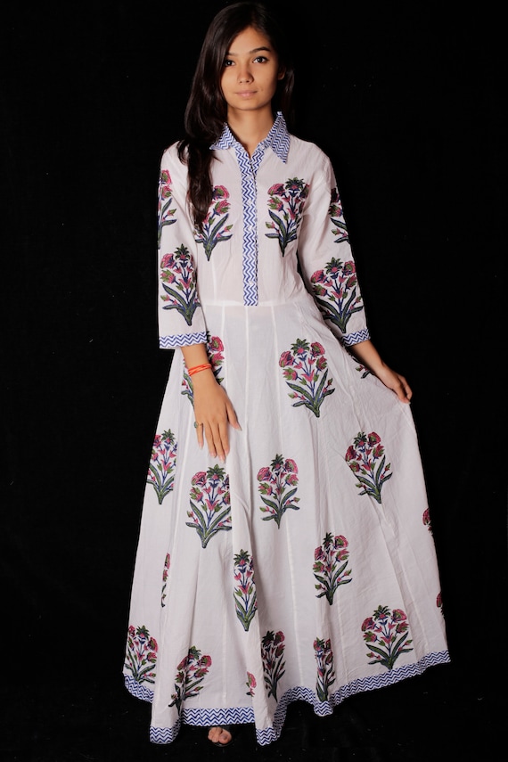 Hand Printed Dress Block Print Dress /& Tunics Indian Hand block Printed Long Gown Dress For Women Women White Cotton Long Gown