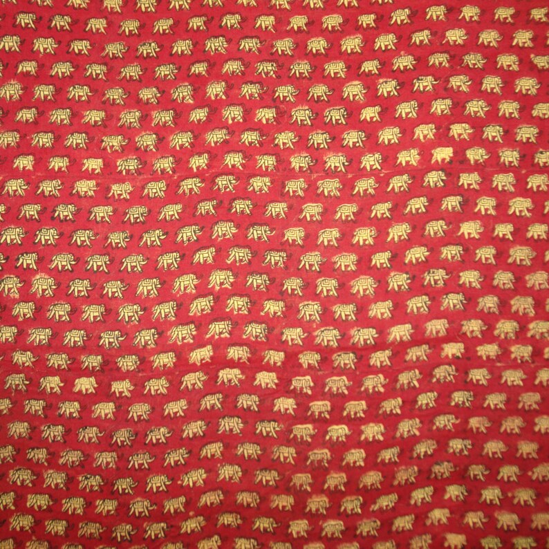 Red Elephant Print Fabric 5 Yards Indigo Block Printed Fabric Block Print Fabric Yellow Elephant Hand Printed Fabric Cotton Fabric