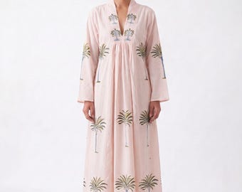 Blush Pink Palm Tree Hand Block Print Cotton Dress, Boho Resort Maxi, Slow Fashion Kaftan Dress, Organic Cotton Garden Party Gown