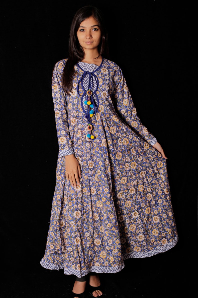 Hand Printed Dress Block Print Dress /& Tunics Indian Hand block Printed Long Gown Dress For Women Women White Cotton Long Gown
