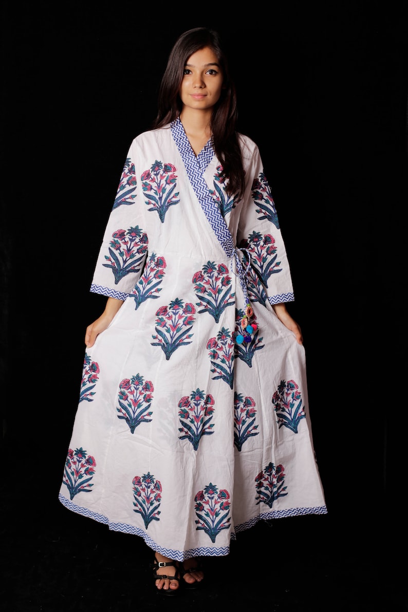 Indian Hand block Printed Long Gown Dress For Women Block Print Dress /& Tunics Women White Cotton Long Gown Hand Printed Dress