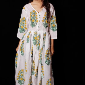 Indian Hand block Printed Long Gown Dress For Women, Block Print Dress & Tunics, Hand Printed Dress, Women White Cotton Long Gown