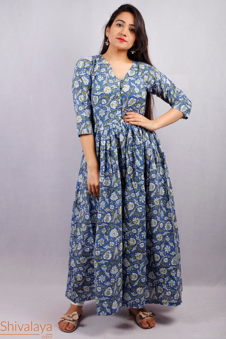 Hand Printed Dress Indian Tunics Indian Cotton Dress Hand Block Printed Dress Printed Dress Indian Cotton Long Gown Block Print Dress