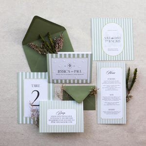 Hochzeitseinladung, Concertina Hochzeit lädt ein, gefaltete Hochzeitseinladung, Timeline-Hochzeitseinladung, grüne Hochzeitspapeterie