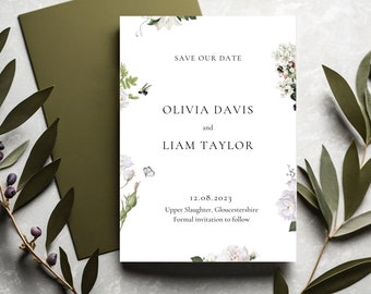White Wildflower Wedding Template, Printable Save The Date Card, Save The Day Invites, Save Our Date Template, Save The Date Cards, Editable