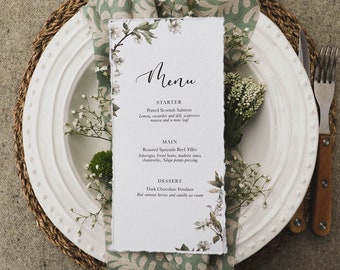 Botanical Sage-Green Menu | Eucalyptus Torn-Paper Wedding Suite | Printed Floral Country Invitations | Garden Greenery Artisan Stationery