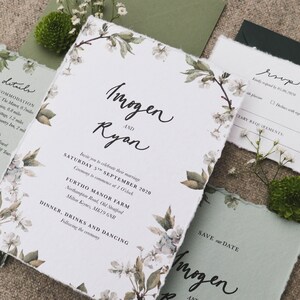 Botanical Sage-Green RSVP Eucalyptus Torn-Paper Wedding Suite Printed Floral Country Invitations Garden Greenery Artisan Stationery image 4