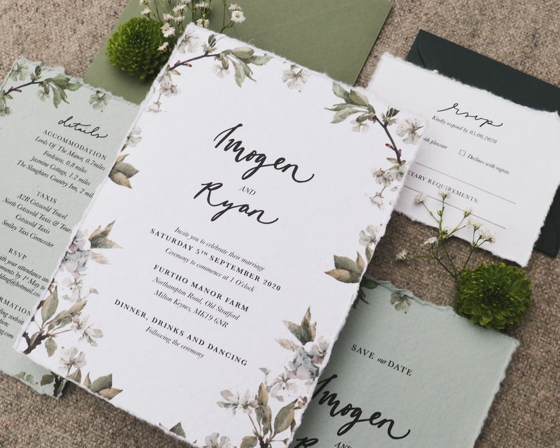 Botanical Sage-Green RSVP Eucalyptus Torn-Paper Wedding Suite Printed Floral Country Invitations Garden Greenery Artisan Stationery image 4