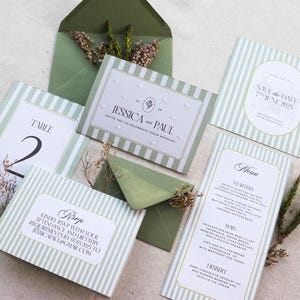 Hochzeitseinladung, Concertina Hochzeit lädt ein, gefaltete Hochzeitseinladung, Timeline-Hochzeitseinladung, grüne Hochzeitspapeterie