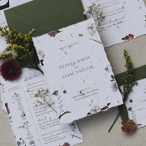 Cartes "Retenez cette date" bohème à graines de fleurs sauvages | Invitations botaniques florales | Suite de mariage dans une grange rustique | Papeterie de mariage jardin champêtre