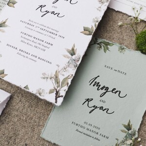 Botanical Sage-Green Save the date Eucalyptus Torn-Paper Wedding Suite Printed Floral Country Invitations Garden Greenery Stationery image 4