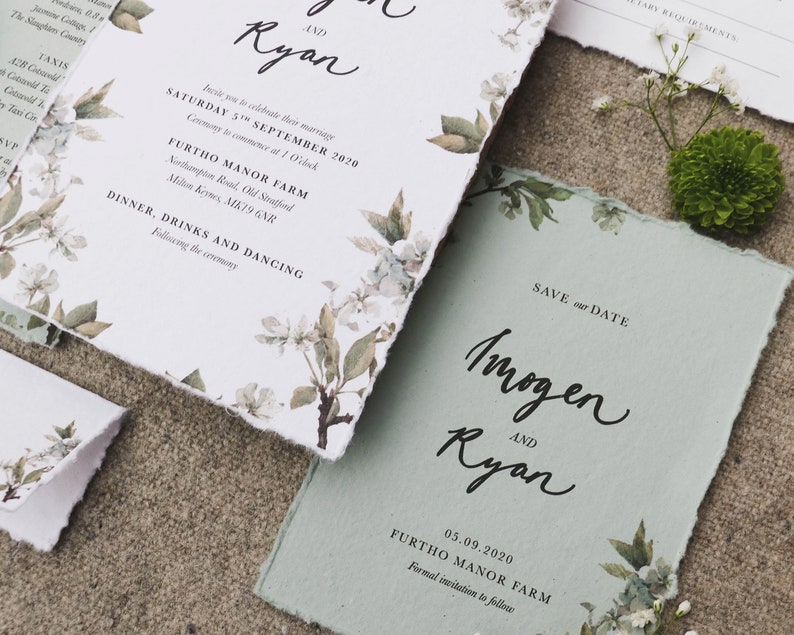 Botanical Sage-Green Save the date Eucalyptus Torn-Paper Wedding Suite Printed Floral Country Invitations Garden Greenery Stationery image 4