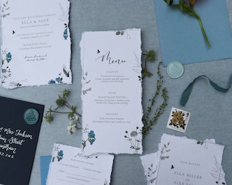 Blue Wildflower Boho Menu | Colourful Floral Botanical Invites | Rustic Barn Wedding Suite | Affordable Whimsical Wedding Stationery