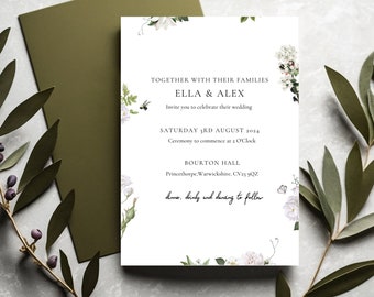 White Wildflower Minimalist Electronic Wedding Invitation Template, Invite Electronic, Online Save the Date Card, Text Message invite, Evite