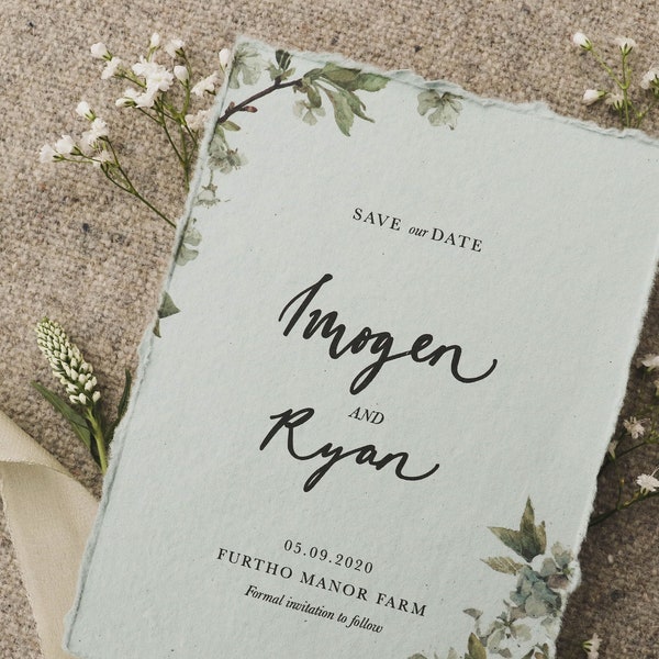 Botanical Sage-Green Save the date | Eucalyptus Torn-Paper Wedding Suite | Printed Floral Country Invitations | Garden Greenery Stationery