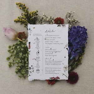 Biglietto con dettagli Boho di fiori selvatici seminati / Inviti botanici floreali / Suite nuziale in fienile rustico / Cancelleria per matrimoni in giardino di campagna