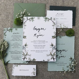 Botanical Sage-Green Save the date Eucalyptus Torn-Paper Wedding Suite Printed Floral Country Invitations Garden Greenery Stationery image 2