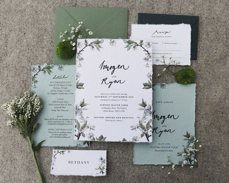 Botanical Sage-Green Save the date Eucalyptus Torn-Paper Wedding Suite Printed Floral Country Invitations Garden Greenery Stationery image 2