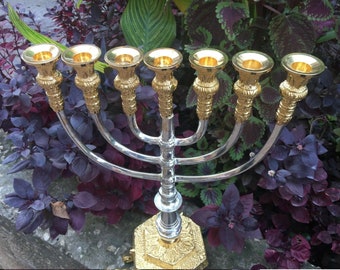 Brass Copper 14 Inch Gold & Silver Plated Massive Israel Temple Menorah Jerusalem 7 candle holder