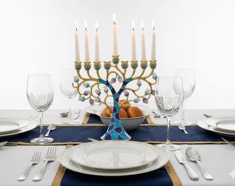 Emaille Chanoeka-menora: granaatappelontwerp, levensboom kandelaar met 9 takken