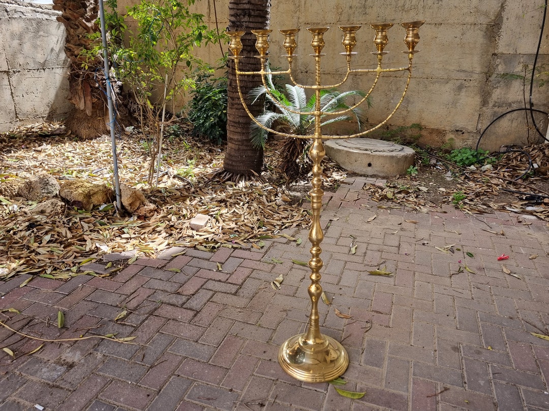 Large 7-Branch Temple Menorah – Solid Brass Copper, 33 Inches Tall – Jerusalem Design