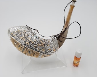 Sterling Silver Plated Anointing Horn: Jerusalem Lion of Judah Design with Stand & Oil