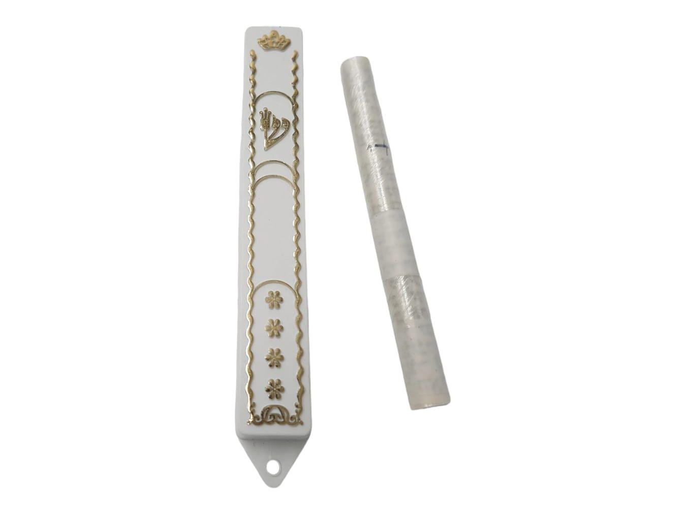 White and Gold Plastic Mezuzah Case With Kosher Klaf 10cm - Jewish