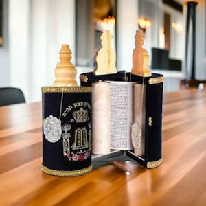 Authentic Kosher Torah Scroll - 13&quot; / 32cm Tall - Velvet & Wood - Jewish Sacred Art Judaica Gift