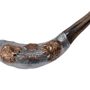 Polished Ram Horn Shofar with Sterling Silver Plated Lions of Judah Jerusalem Design - 12-14&quot;