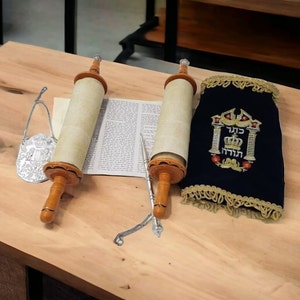 Miniature Hebrew Torah Scroll Set - Decorative Sefer Torah with Mantle, Breastplate & Yad - Judaica Display Item - Jewish Gift from Israel