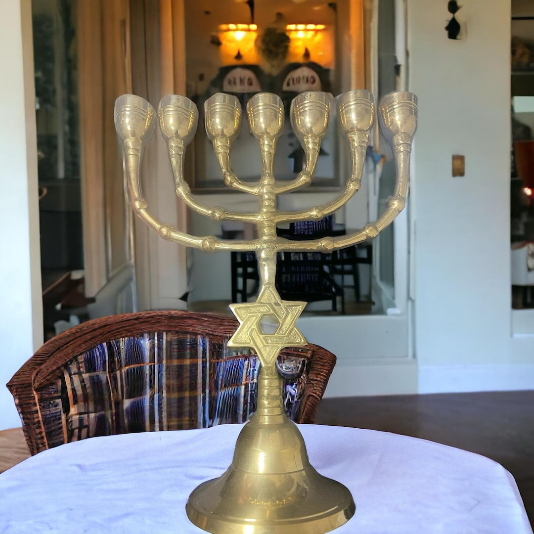 Menorah Candle Holder Seven Branch Menora With Star of David Brass