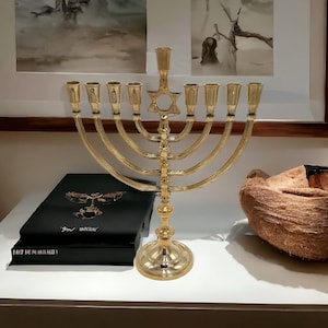 Hanukkah 14" Menorah 9 Branch Candel Gold color Lamp in Elegant Brass Made Star of david