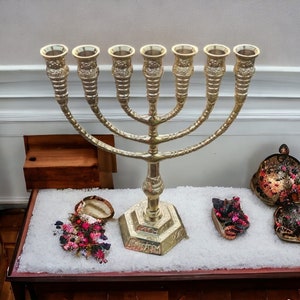 Menorah Brass Temple Candle Holder 7 Branch Yeshua Menora rom Israel Height 12 " Gold Color