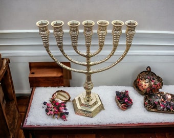 Menorah Brass Temple Candle Holder 7 Branch Yeshua Menora rom Israel Height 12 " Gold Color