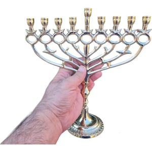 Brass Hanukkah Menorah | 9-Branch Chanukiah from Israel | Elegant Hanukkah Gift | Jewish Home Decor | 11&quot; High