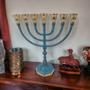 Messianic Brass Copper Menorah Menora Blue 10" 25cm Israel 7 Seven Branches Candle Holder From Israel
