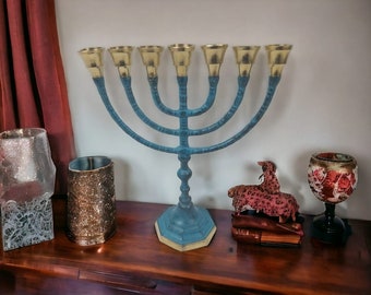 Menorah messianique en laiton et cuivre Menora bleu 10" 25 cm Israël 7 sept branches bougeoir d'Israël