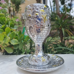 Copa Kiddush Judía para Shabat Copa y Plato Jerusalén