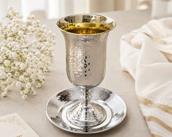 Nickel-Plated Hammered Kiddush Cup with Saucer, Shabbat Wine Goblet Set
