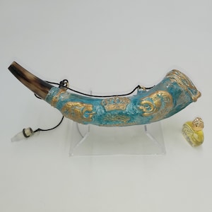 Anointing Oil Kudu Horn Shofar with Judah Lion Design | Jerusalem Anointing Oil Bottle & Stand | A Prayer Gift